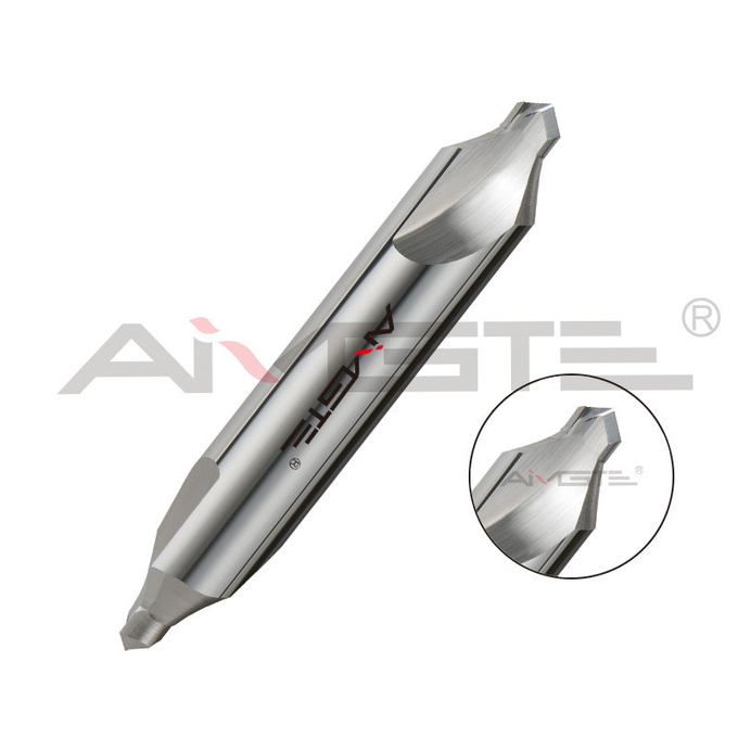Close-up of 60° carbide center drill bit showing double-head design